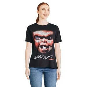 Chucky 'Wanna Play' Black T-Shirt XL Cotton Scary Halloween